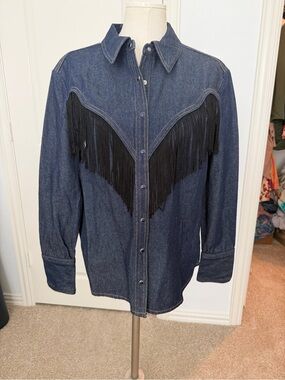 Anthropologie Dark Denim Button-Up Shirt with Black Fringe